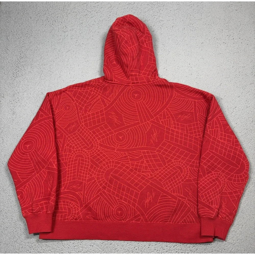 Jordan Hoodie Mens Large Loose Fit Red Fleece Pullover Flight Graphic All Over